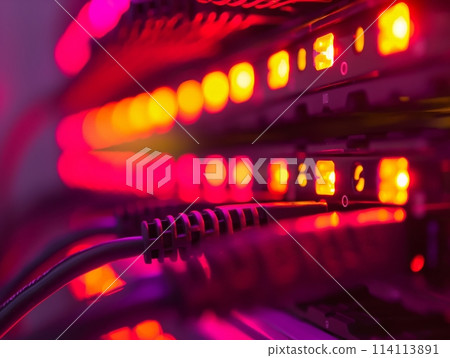Close-up of glowing network equipment in a data center with visible cables and LED indicators. 114113891