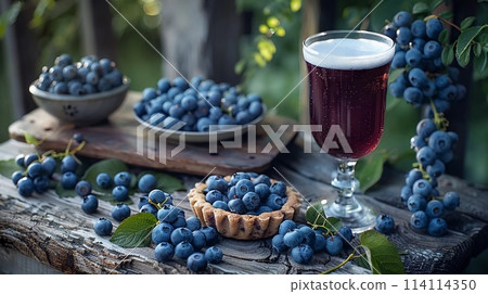 Rich Dark Blueberry Beer and Fresh Blueberries on Wooden Table. Countryside Background. AI Generated 114114350