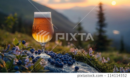 Tall Glass of Blueberry Beer stands on rough stone table on Mountain range background. AI Generated Tall Glass of Blueberry Beer stands on rough stone table on Mountain range background. AI Generated 114114352