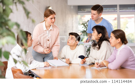 Smiling young female team leader holding meeting with fellow students 114114484