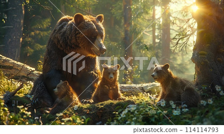 Bear mother playing with her cubs in a sunlit... - Stock Illustration ...