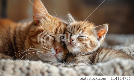 Mother cat cuddled up with her kitten in a cozy, warm bed. Maternal care, Mothers Day. AI Generated 114114795