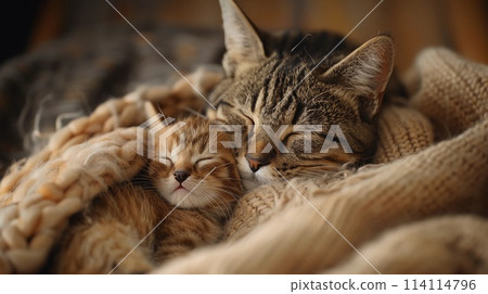 Mother cat cuddled up with her kitten in a cozy, warm bed. Maternal care, Mothers Day. AI Generated Mother cat cuddled up with her kitten in a cozy, warm bed. Maternal care, Mothers Day. AI Generated 114114796