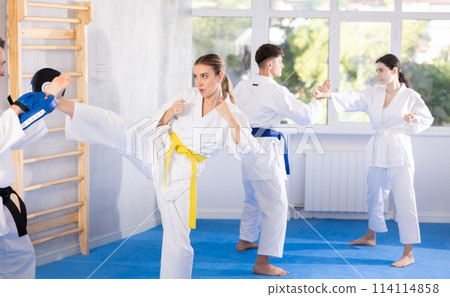 Young girl training kicks on punch mitts held by instructor Young girl training kicks on punch mitts held by instructor 114114858
