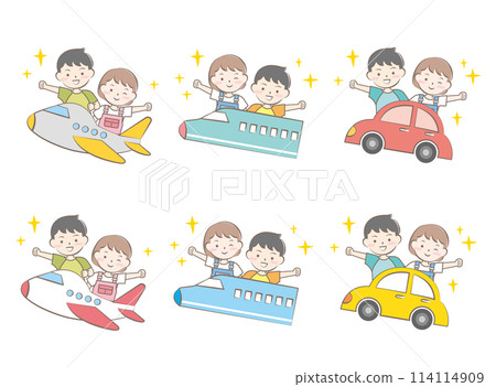 Children riding various vehicles, summer vacation, travel 114114909