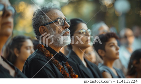 Jewish people standing solemnly during a moment of silence on Israeli Yom HaZikaron. AI Generated Jewish people standing solemnly during a moment of silence on Israeli Yom HaZikaron. AI Generated 114115224