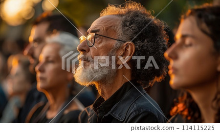Jewish people standing solemnly during a moment of silence on Israeli Yom HaZikaron. AI Generated 114115225