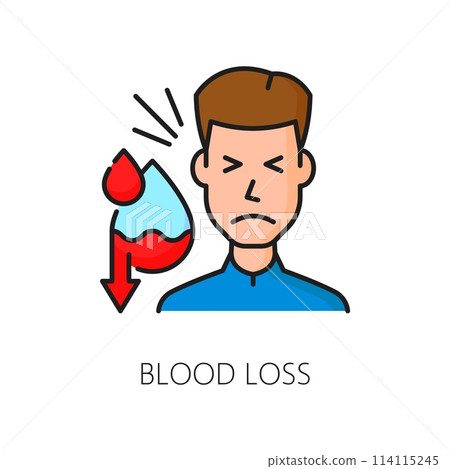 Hematology, anemia disease blood loss symptom color line icon. Anemia diagnose, cardiovascular disease test or hematology medicine symptom line vector sign with person and blood drop 114115245
