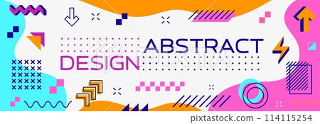 Abstract modern geometric Memphis banner with shapes pattern, vector background. Memphis banner with minimal line shapes and abstract geometric figures of waves, circles and square or halftone dots Abstract modern geometric Memphis banner with shapes pattern, vector background. Memphis banner with minimal line shapes and abstract geometric figures of waves, circles and square or halftone dots 114115254