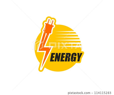 Electric energy icon of power plug with lightning cable, vector emblem. Electric car charge station, electricity provider service or power generation company sign with energy electric plug and cable 114115283