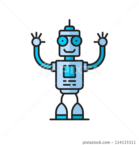 Alien retro virtual bot, futuristic robot, game humanoid droid outline color icon. Robotic technology artificial intelligence bot, humanoid robot or future machine vintage droid outline vector icon 114115311