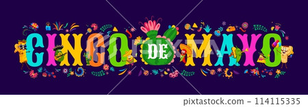 Cinco De Mayo lettering for Mexican holiday greeting banner, vector background. Cinco De Mayo lettering with burrito character in sombrero, avocado mariachi with guitar and chili pepper with maracas Cinco De Mayo lettering for Mexican holiday greeting banner, vector background. Cinco De Mayo lettering with burrito character in sombrero, avocado mariachi with guitar and chili pepper with maracas 114115335