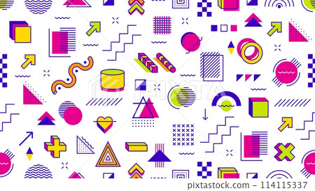 Abstract geometric Memphis seamless pattern of simple line shapes, vector background. Modern or retro Memphis pattern background of minimal geometric figures and isometric elements or halftone dots 114115337