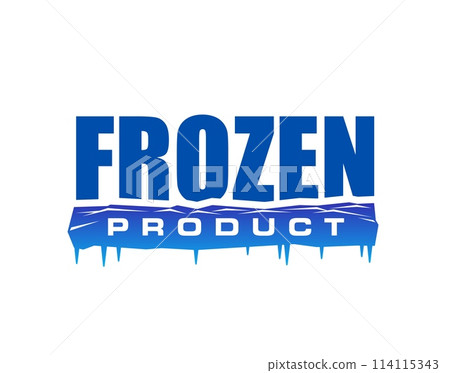 Frozen product icon for fresh food package label with blue ice icicles, vector symbol. Frozen food stamp for fresh refrigerated meat, fish or seafood package and keep cold sign with Arctic ice rocks 114115343