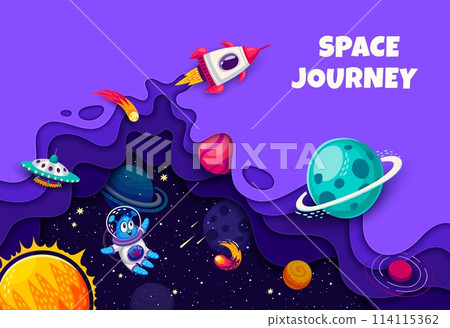 Cartoon paper cut space landscape with galaxy planets and rockets, vector background. Kids space journey and galaxy exploration adventure banner with alien UFO and asteroids in papercut layers Cartoon paper cut space landscape with galaxy planets and rockets, vector background. Kids space journey and galaxy exploration adventure banner with alien UFO and asteroids in papercut layers 114115362
