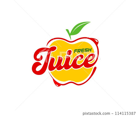 Apple juice icon, fresh fruit drink label. Ripe yellow apple fruit isolated vector symbol with juicy drops and green leaf. Natural juice, summer fruity cocktail or vitamin smoothie beverage sign Apple juice icon, fresh fruit drink label. Ripe yellow apple fruit isolated vector symbol with juicy drops and green leaf. Natural juice, summer fruity cocktail or vitamin smoothie beverage sign 114115387