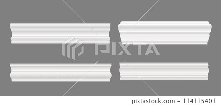 Wall skirting baseboard or molding and interior moulding cornice, realistic vector. White wall skirting or house ledge trim molding for ceiling border panels and molding board frieze of plaster stucco 114115401