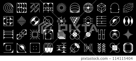 Futuristic geometric figures, brutalism y2k abstract shapes. Modern minimal art graphic elements vector set of monochrome circle, triangle, square and dot, curve, wave and star simple geometry forms 114115404