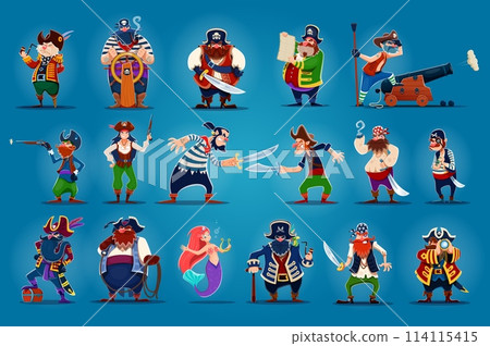 Cartoon pirate captain, mermaid and corsair sailor characters set. Cute pirates, buccaneers and filibusters, funny men and women personages with black hats, eye patches, swords and guns, hook and map Cartoon pirate captain, mermaid and corsair sailor characters set. Cute pirates, buccaneers and filibusters, funny men and women personages with black hats, eye patches, swords and guns, hook and map 114115415