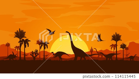 Tropical sunset landscape with dinosaur silhouettes. Jurassic nature vector background with triceratops, pterodactyl, brachiosaurus and allosaurus dinosaur animals, sun, palm trees and mountains Tropical sunset landscape with dinosaur silhouettes. Jurassic nature vector background with triceratops, pterodactyl, brachiosaurus and allosaurus dinosaur animals, sun, palm trees and mountains 114115445