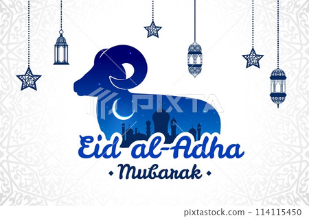 Eid Al Adha Mubarak and Ramadan Kareem vector banner for Muslim holidays with lamb sheep. Eid Al Adha Mubarak greeting with mosque silhouette and crescent moon, stars and Arabian lanterns ornament Eid Al Adha Mubarak and Ramadan Kareem vector banner for Muslim holidays with lamb sheep. Eid Al Adha Mubarak greeting with mosque silhouette and crescent moon, stars and Arabian lanterns ornament 114115450