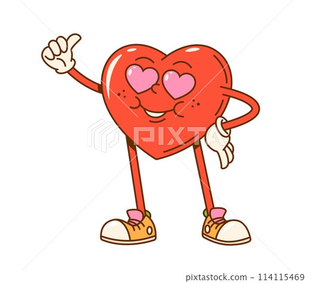 Cartoon groovy valentine love heart character with loving eyes. Valentines Day vector personage of red heart showing thumb up. Retro groovy hippy emoticon of romantic love and cool emotion expression Cartoon groovy valentine love heart character with loving eyes. Valentines Day vector personage of red heart showing thumb up. Retro groovy hippy emoticon of romantic love and cool emotion expression 114115469