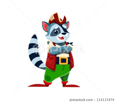 Cartoon raccoon animal boatswain pirate corsair character. Isolated vector cute coon personage with cocked hat and a cunning grin, stand with crossed arms, ready for adventurous woodland escapades 114115474