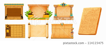 Arcade game frames, ancient Egypt. Vintage Egyptian stone wall and papyrus. Cartoon vector rock textures, gods and hieroglyphs. Set of gui or ui elements for antique civilization quiz or puzzle game Arcade game frames, ancient Egypt. Vintage Egyptian stone wall and papyrus. Cartoon vector rock textures, gods and hieroglyphs. Set of gui or ui elements for antique civilization quiz or puzzle game 114115475