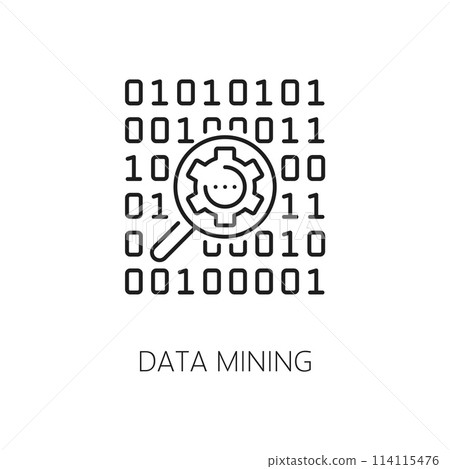 Machine learning, AI artificial intelligence data mining algorithm icon. Artificial intelligence science, AI data analysis digital innovation line vector symbol with binary code and magnifying glass Machine learning, AI artificial intelligence data mining algorithm icon. Artificial intelligence science, AI data analysis digital innovation line vector symbol with binary code and magnifying glass 114115476