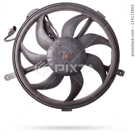 Car cooling fan with plastic blades radiator fan on white background. Car thermal clutch. Radiator fan cooling on white background. 114115603