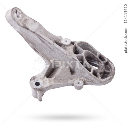 Metal bracket - a supporting part or structure used to mount car elements on a white isolated background in a photo studio. Spare parts for replacement or sale in a car service. Metal bracket - a supporting part or structure used to mount car elements on a white isolated background in a photo studio. Spare parts for replacement or sale in a car service. 114115610