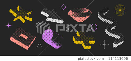 Bitmap textured shapes set. Dither halftone objects collection. Colorful cylinder, arrow, cross, star, wave, elements for banner, poster, leaflet. Pixelated 3d raster effect bundle. Vector pack Bitmap textured shapes set. Dither halftone objects collection. Colorful cylinder, arrow, cross, star, wave, elements for banner, poster, leaflet. Pixelated 3d raster effect bundle. Vector pack 114115696