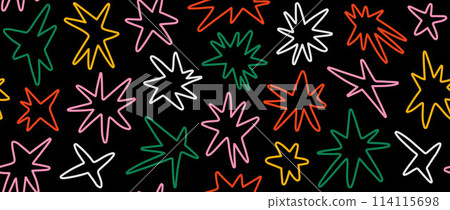 Colorful stars seamless pattern. Yellow, red, green and pink childish repeating motif on black background. Cartoon bright sparkles and sparks ornament wallpaper. Vector bright nursery backdrop 114115698