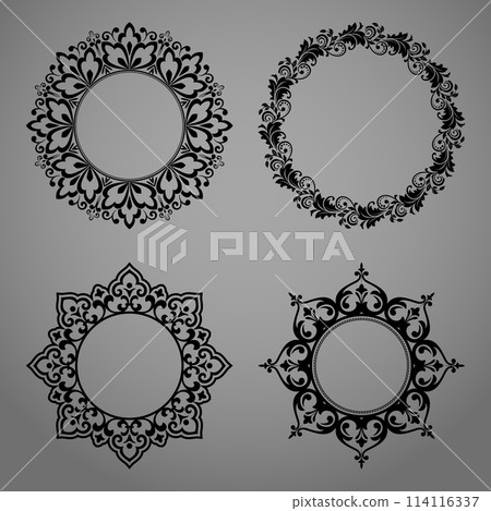 Set of decorative frames Elegant vector element for design in Eastern style, place for text. Floral black and gray borders. Lace illustration for invitations and greeting cards Set of decorative frames Elegant vector element for design in Eastern style, place for text. Floral black and gray borders. Lace illustration for invitations and greeting cards 114116337