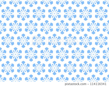 Flower geometric pattern. Seamless vector background. White and blue ornament. Ornament for fabric, wallpaper, packaging. Decorative print Flower geometric pattern. Seamless vector background. White and blue ornament. Ornament for fabric, wallpaper, packaging. Decorative print 114116341