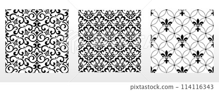 Geometric floral set of seamless patterns. White and black vector backgrounds. Damask graphic ornaments. Geometric floral set of seamless patterns. White and black vector backgrounds. Damask graphic ornaments. 114116343