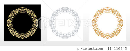Set of decorative frames Elegant vector element for design in Eastern style, place for text. Floral black, golden and gray borders. Lace illustration for invitations and greeting cards Set of decorative frames Elegant vector element for design in Eastern style, place for text. Floral black, golden and gray borders. Lace illustration for invitations and greeting cards 114116345