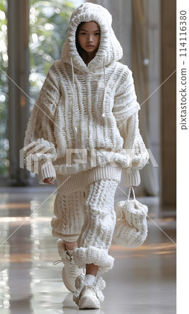 A model in a white hooded sweater is strutting on the runway A model in a white hooded sweater is strutting on the runway 114116380