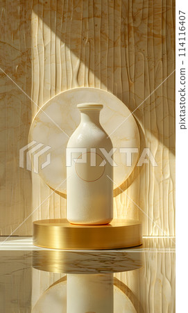 A white vase adorns a gold podium made of hard wood 114116407