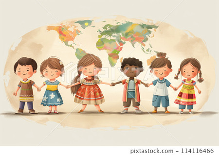 An illustration of children from different countries holding hands together. Peace image 114116466