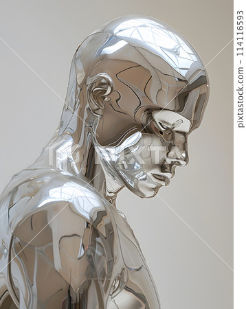 Close up of a silver statue on white background, depicting a man Close up of a silver statue on white background, depicting a man 114116593