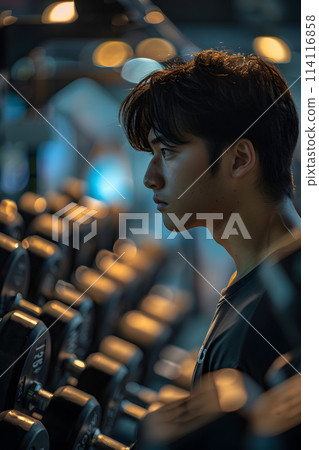 A young man stands before a row of dumbbells at the gym 114116858