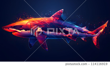 A dark requiem shark with colorful fins swims underwater in the ocean 114116919