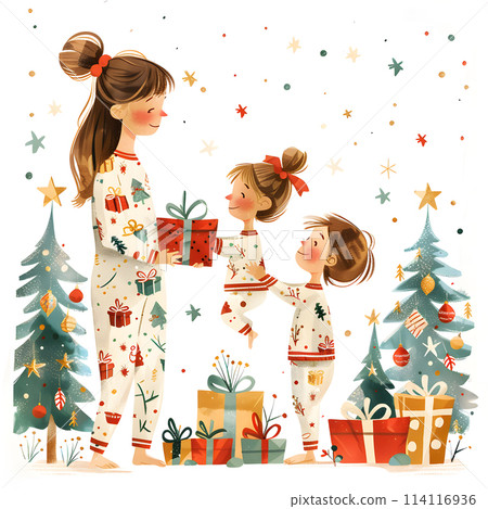 A woman and two children with presents by a Christmas tree 114116936