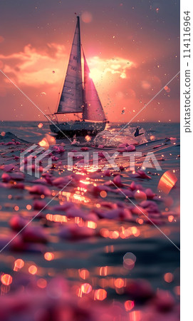 A sailboat drifts on the water at sunset, under a red sky afterglow 114116964