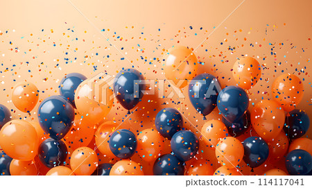 a pile of orange and blue balloons and confetti on an orange background 114117041