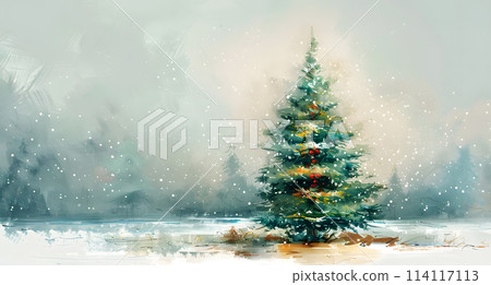 Evergreen Christmas tree in snowy landscape under cloudy sky Evergreen Christmas tree in snowy landscape under cloudy sky 114117113