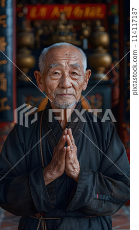 Elder man with a beard praying in temple, hands folded in gesture 114117187