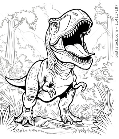 a black and white drawing of a trex dinosaur with its mouth open a black and white drawing of a trex dinosaur with its mouth open 114117197