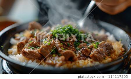 Enjoying a dish of rice and meat, seasoned with fines herbes, delicious cuisine 114117205